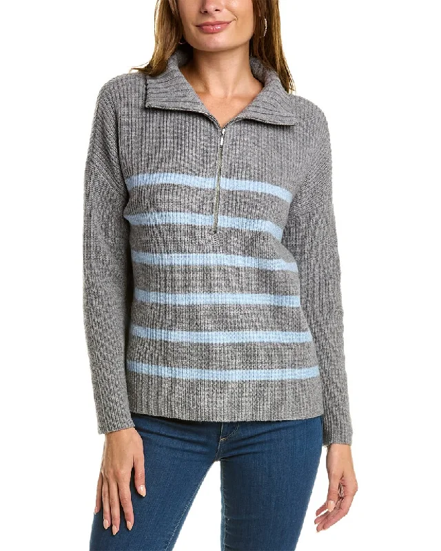 Forte Cashmere Striped Rib Mock Neck Wool & Cashmere-Blend 1/2-Zip Sweater