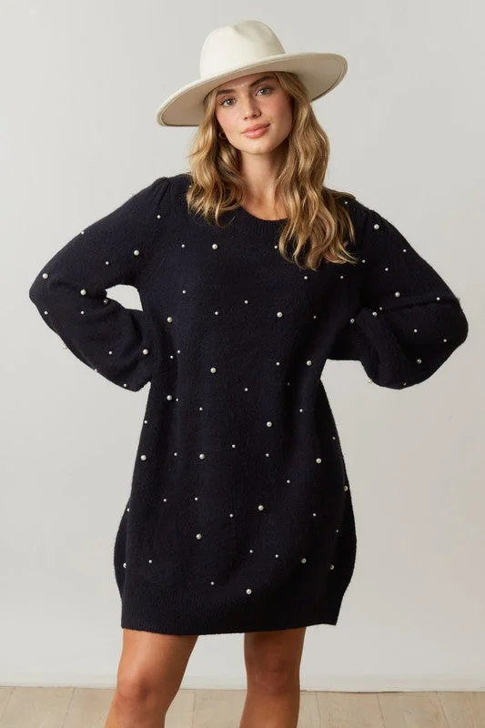 Pearl-fection Black Sweater Dress