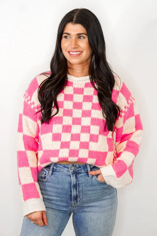 Trendy Love Pink Checkered Sweater