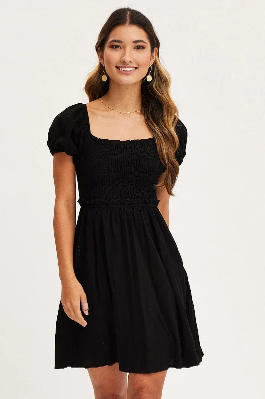 Black Mini Dress Short Sleeve Square Neck