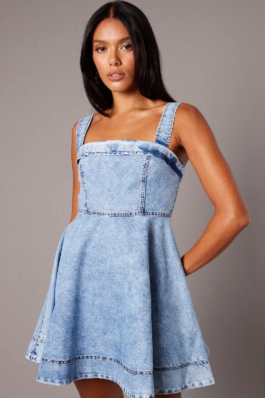 Blue Fit And Flare Dress Mini