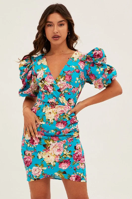 Green Floral Mini Dress Puff Sleeve V-Neck