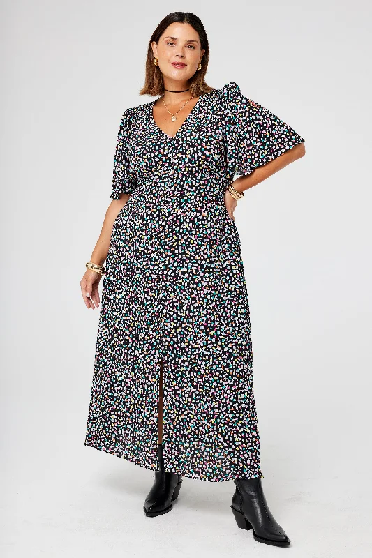 Black with Rainbow Confetti Angel Sleeve Midi Tea Dress