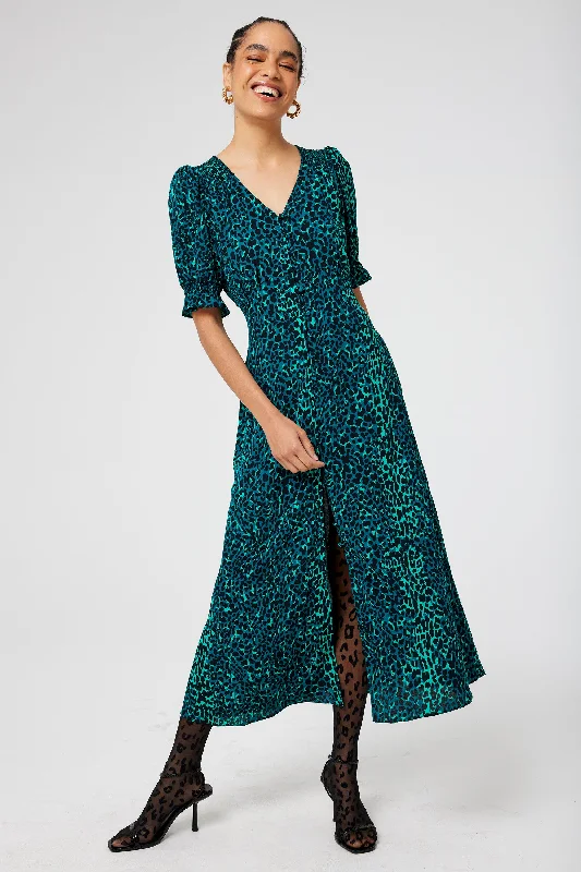 Green with Black Wild Leopard Flute Sleeve Midi Tea Dress