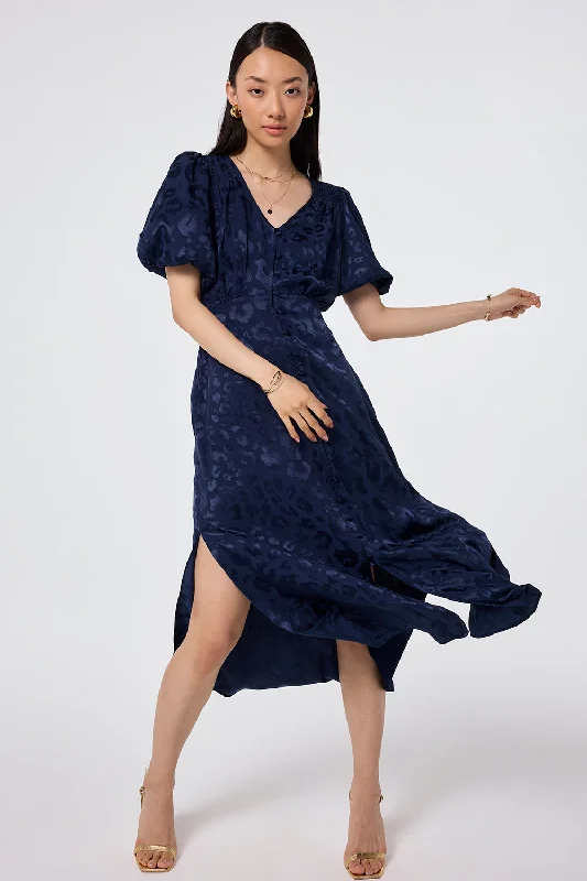 Navy Jacquard Leopard Puff Sleeve Midi Tea Dress