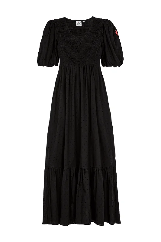 Black Dobby Shirred Puff Sleeve Midi Dress