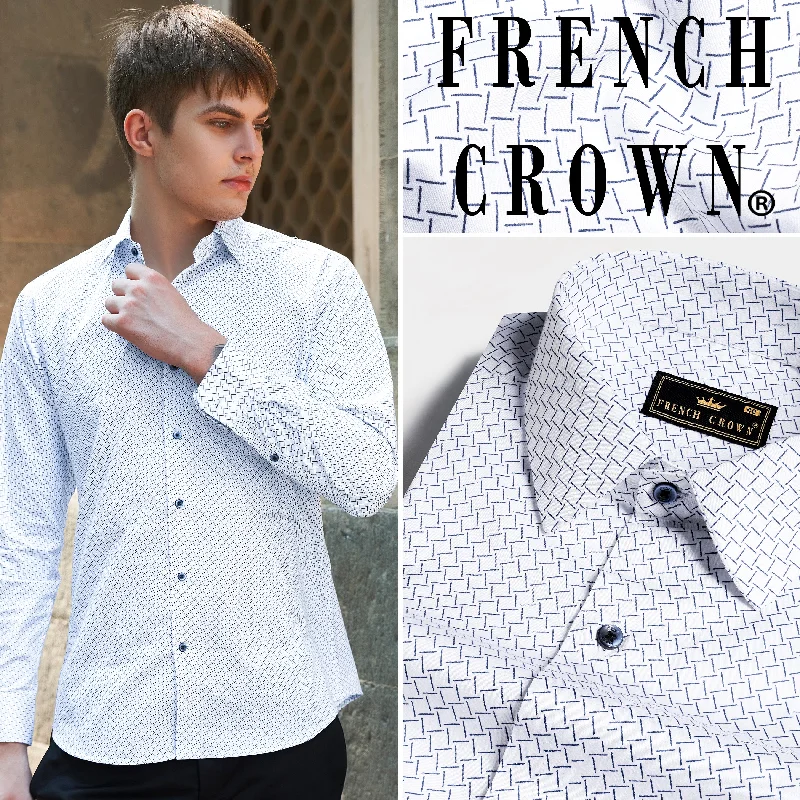 Bright White with Meteorite Navy Blue Printed Twill Premium Cotton Shirt