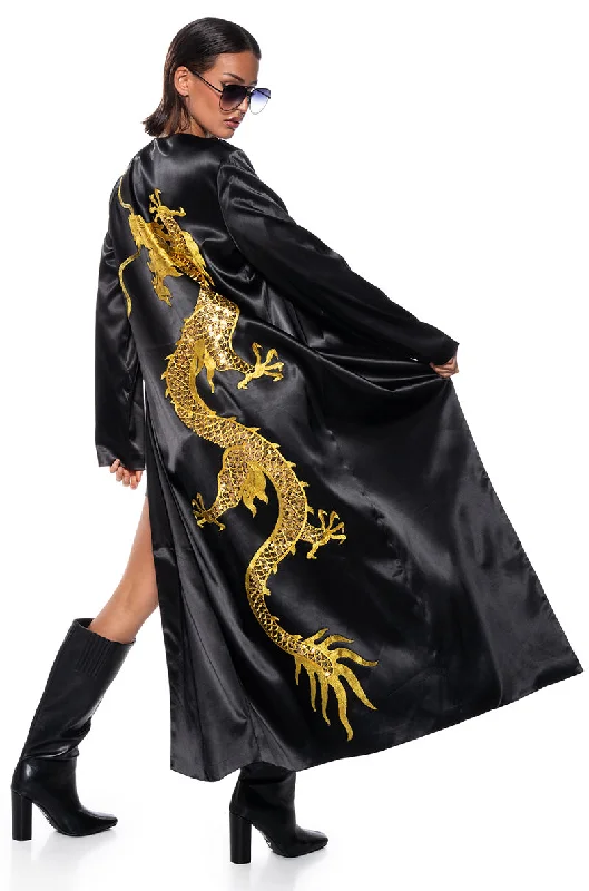 SATIN DUSTER WITH EMBROIDERED DRAGON