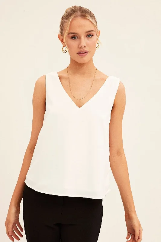 White Workwear Tank Deep V Sleeveless